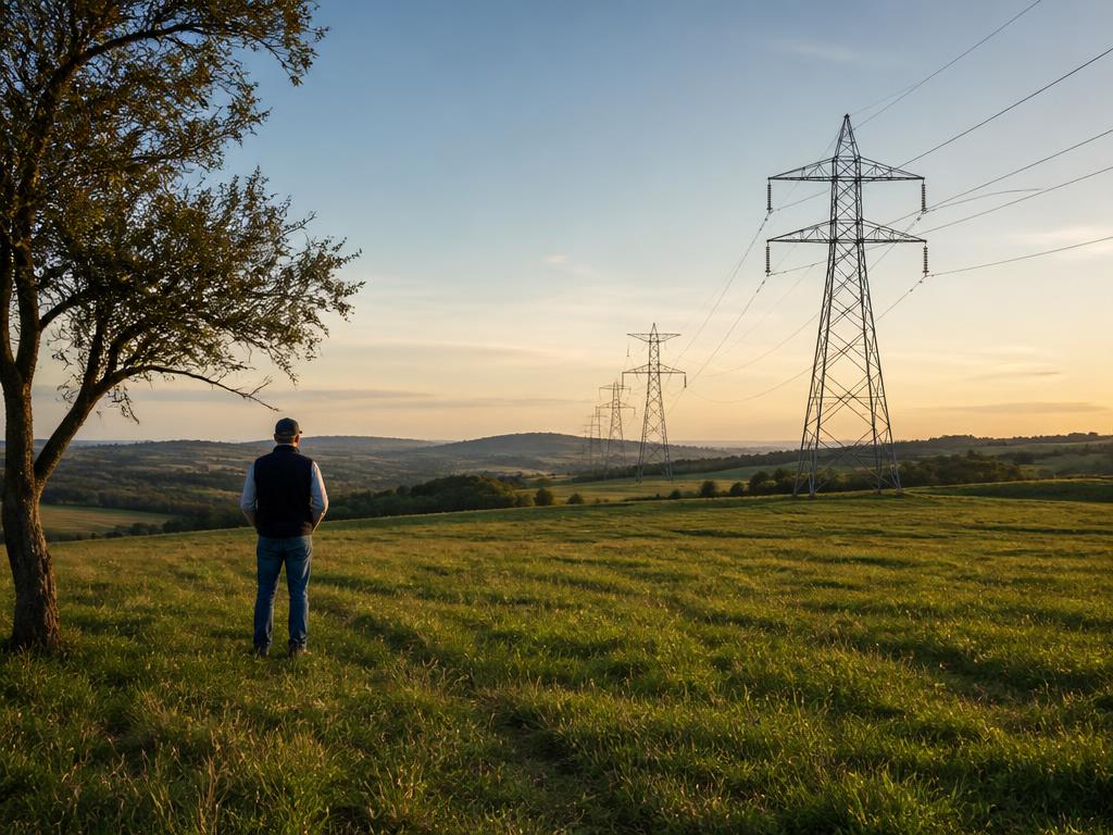 A landowner looking out over open fields with transmission infrastructure on the horizon
