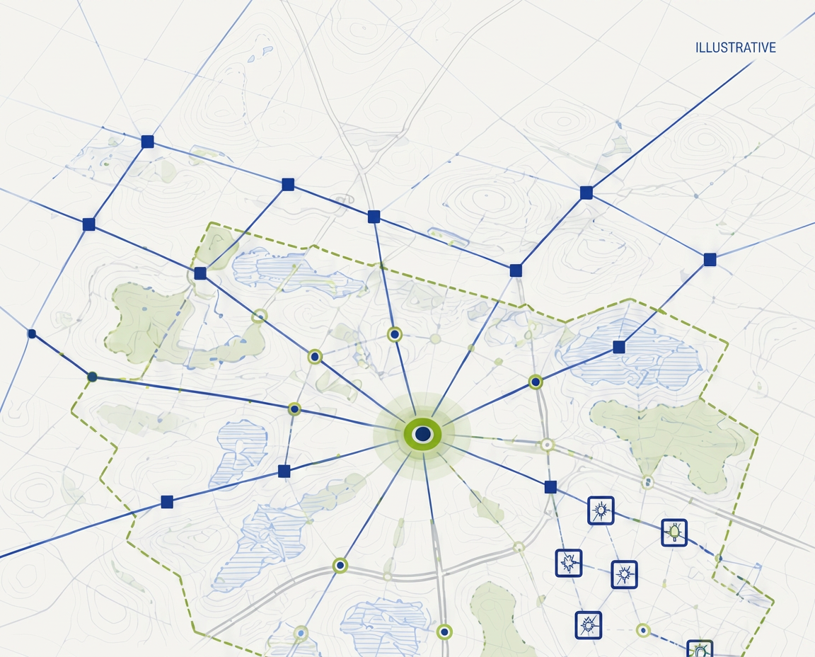 Stylized aerial map showing transmission lines, substations, grid nodes, and site boundaries